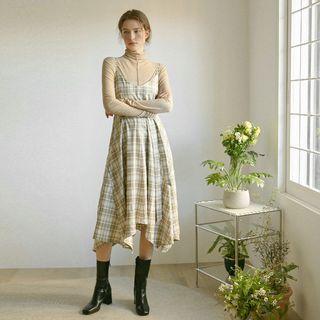 Asymmetric-hem Plaid Midi Overall Dress Light Green - One Size