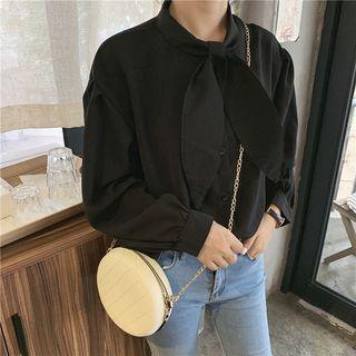 Long-sleeve Tie Neck Plain Blouse
