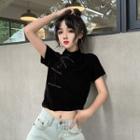 Stand Collar Short-sleeve Cropped Velvet Qipao Top Black - One Size