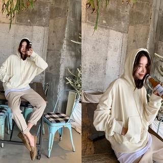 Kangaroo-pocket Plain Hoodie Cream - One Size