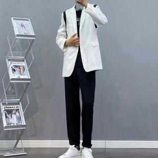 Two-tone Blazer / Short-sleeve Lettering T-shirt / Plain Slim-fit Pants