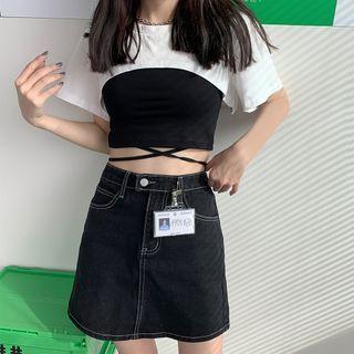 Set: Short-sleeve Crop Top + Strappy Cropped Camisole Top White - One Size