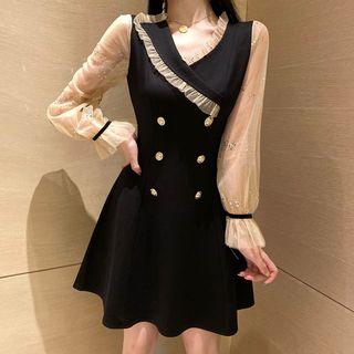 Sequined Mesh-sleeve Double-breasted A-line Dress