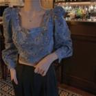 Square-neck Floral Denim Cropped Blouse Blue - One Size