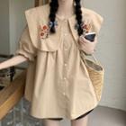 Puff-sleeve Flora Embroidered Blouse Khaki - One Size