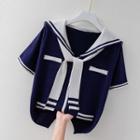 Short-sleeve Sailor Collar Bow Knit Top