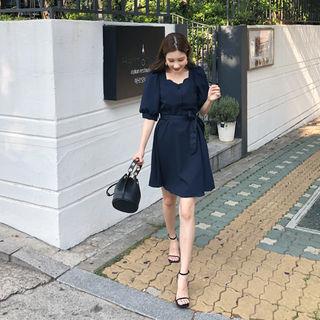Scallop-neck Puff-sleeve Dress With Sash