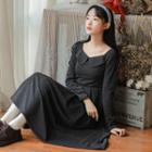 Plain Collared Long-sleeve Knit A-line Dress