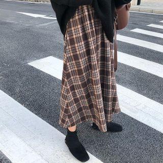 Plaid Midi A-line Skirt Plaid - Coffee & Light Coffee - One Size
