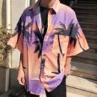 Elbow-sleeve Palm Tree Print Shirt Tangerine Red - One Size