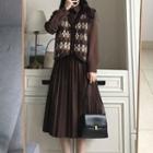 Argyle Vest + Long-sleeve Pleated Dress