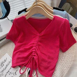 Short-sleeve V-neck Plain Frilled Knit Top