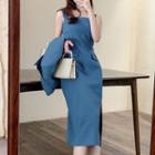 Set: Spaghetti Strap Slit Midi Sheath Dress + Double-breasted Blazer
