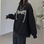 Chained Rhinestone Lettering Sweatshirt Black - One Size