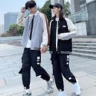 Couple Matching Color Block Jacket / Applique Cargo Cropped Harem Pants