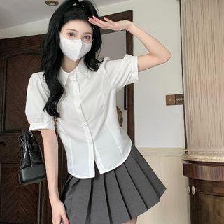 Puff-sleeve Bow-back Shirt / Pleated A-line Skirt