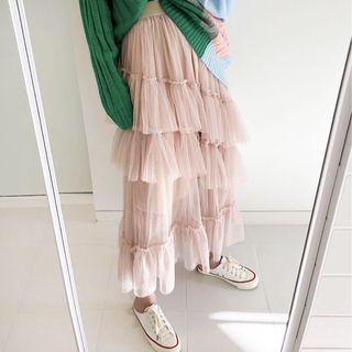 Turtleneck Long Sweater / Midi Layered Mesh Skirt