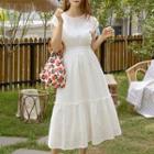 Cap-sleeve Eyelet-lace Long Dress White - One Size