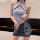 Plain Knit Halter Top / High Waist Lace-up Mini Denim Skirt