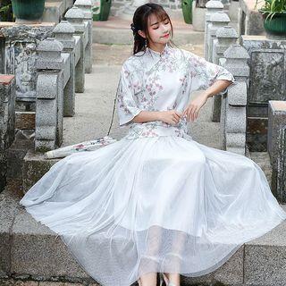 Set: 3/4-sleeve Floral Embroidery Qipao Top + A-line Midi Skirt