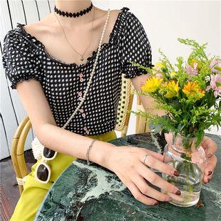 Dot Short-sleeve Cropped Knit Top / Plain Cropped Pants