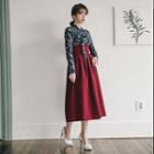 Set: Hanbok Top (floral / Navy Blue) + Skirt (maxi / Wine Red)