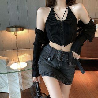 Halter Camisole Top / Cardigan / Denim Pencil Skirt