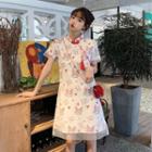 Mandarin Collar Cat Print Mesh Panel Short-sleeve A-line Dress