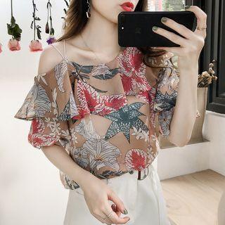 Flower Print Cold Shoulder Elbow-sleeve Blouse