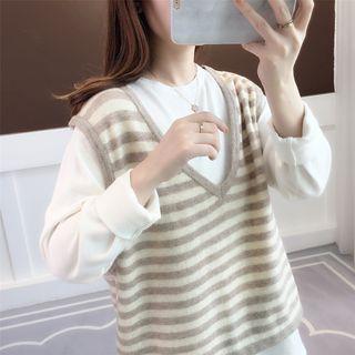 Set: Crew-neck Long-sleeve Top + Striped Knit Vest