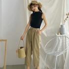 Sleeveless Mock Neck Top / Cropped Pants With Cord