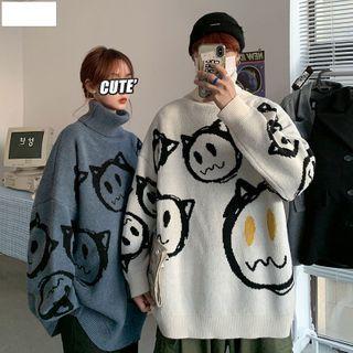Couple Matching Turtleneck Cat Print Sweater