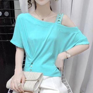 Short-sleeve Off-shoulder Plain T-shirt