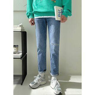 Band-waist Distressed Straight Leg Jeans