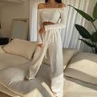 Off-shoulder Lettuce-edge Cropped Knit Top
