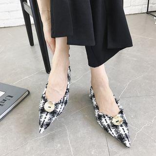 Pointed Buttoned Slingback Tweed Flats
