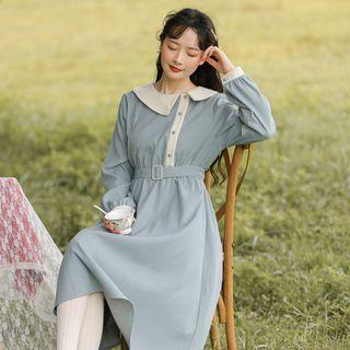 Long-sleeve Collared Belted Midi A-line Dress