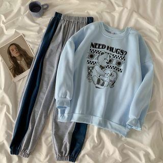Bear Print Sweatshirt / Two-tone Jogger Sweatpants / Set