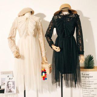 Long-sleeve Lace Panel Midi A-line Mesh Dress