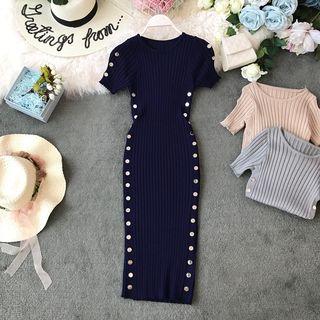 Button-detail Short-sleeve Knit Dress
