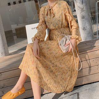 Long-sleeve Flower Print Chiffon A-line Midi Dress