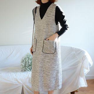 Dual-pocket Tweed Long Vest Dress