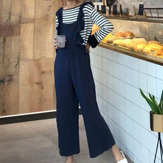 Plain Jumper Pants / Striped Long-sleeve Knit Top
