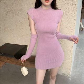 Sleeveless Sheath Plain Knit Dress With Arm Sleeves