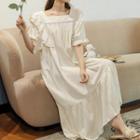 Short-sleeve Square-neck Wood Ear Trim Sleep Dress