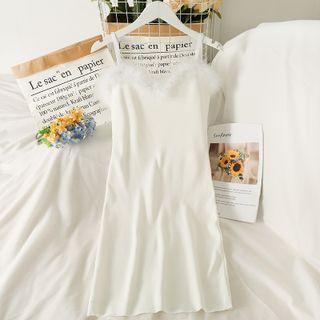 Furry-trim Skinny Knit Mini Dress