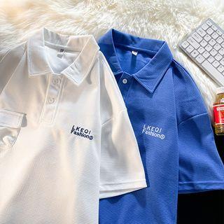 Lettering Embroidered Waffle Polo Shirt