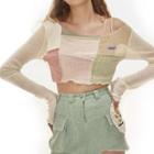 Long-sleeve Patchwork T-shirt Almond - One Size