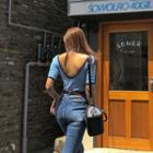 Scoop-back Contrast-trim T-shirt