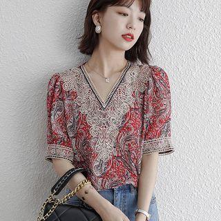 Short Sleeve V-neck Print Chiffon Top